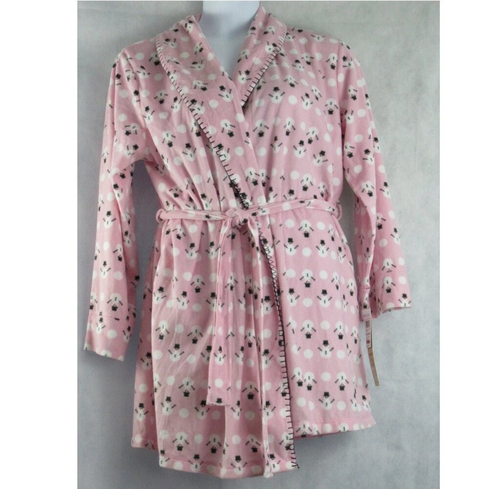 Muk Luks Women's Cozy Fleece Winter Lounge Short Robe, Pink Snowman, Large